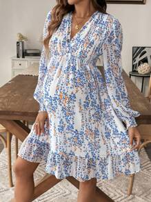 SHEIN Đầm bầu tay dài xếp ly họa tiết hoa, kiểu dáng thanh lịch, thích hợp cho kỳ nghỉ. - Nhiều màu - Xem 3