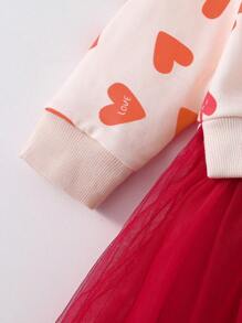Baby Girls' Red Cute Heart Print Long Sleeve Long Mesh Princess Dress - Red - View 3