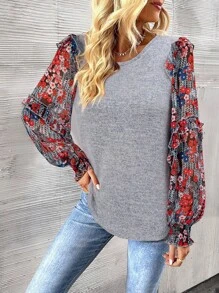 EMERY ROSE 印花燈籠袖荷葉邊上衣