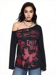 ROMWE Grunge Punk Punk Themed Printed Loose Fit Asymmetrical Neck Flared T-Shirt - Black - View 3