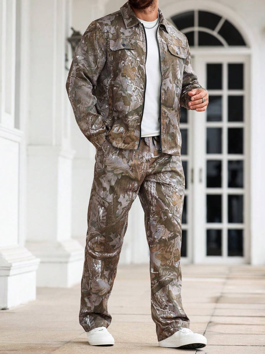 Manfinity Homme Men's Autumn Zip-Up Branch Print Jacket And Pants Set - Army Green - View 1