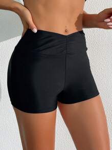 Women's Solid Color Ruched Waist Shiny Boyshort Swim Bottom - Black - View 1