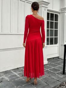 Chiquease Đầm Maxi Dài Ôm Vai Bất Đối Xứng Gợi Cảm Cho Trang Phục Năm Mới Cho Phụ Nữ - Đỏ - Xem 2