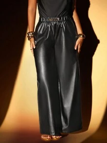 Lumalex Pantalones de PU con decoración metálica elegante de alta gama, para otoño/invierno