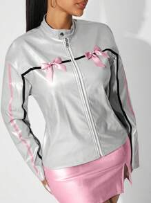 SHEIN SXY Bow Decor Minimalist Fashion Casual Lightweight Zipper Jacket,Leather Women Jacket,Winter Coat,Winter Women Coat,Winter Jacket,Pink