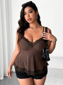 Flirla Top de camiseta de talla grande con volantes y encaje para el verano - Café integral - Ver 5