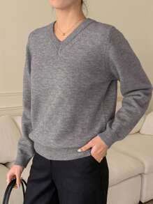DAZY Suéter holgado de unicolor con cuello en V para mujer, tops de manga larga para otoño - Gris - Ver 4