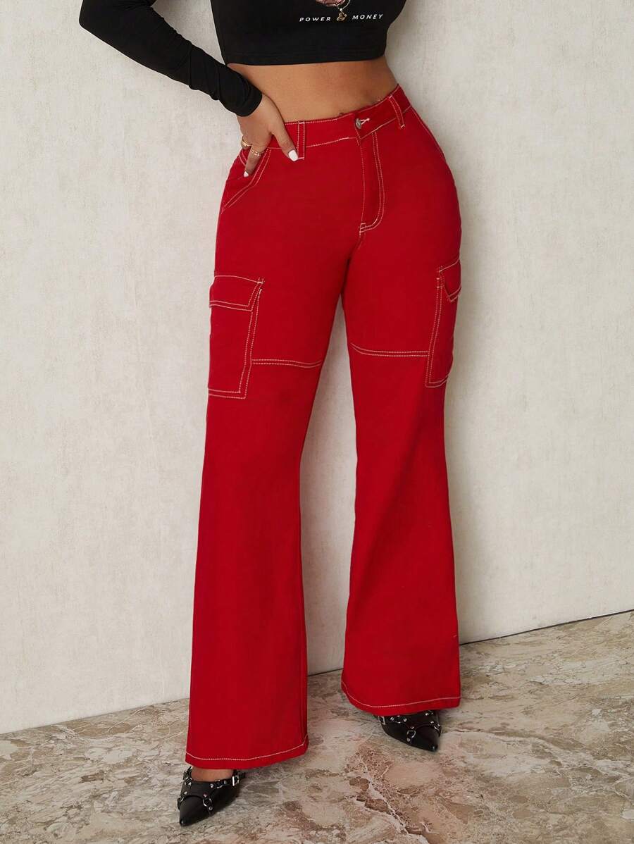 SHEIN SXY 女士修身性感红色牛仔裤 - 紅色 - 查看 1