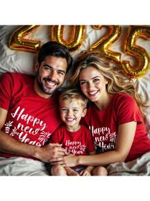 SHEIN Essnce New Year Matching Family Outfit, Loose Casual Round Neck Short Sleeve Women T-Shirt, Suitable For Summer
