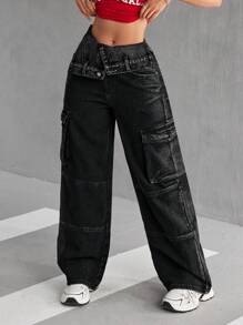 SHEIN EZwear Jeans casuales de cintura alta con bolsillos plegables y pierna ancha para mujeres