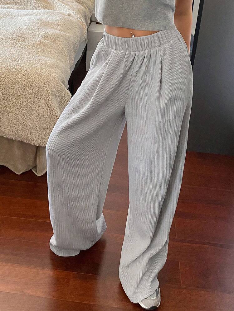 Women's Loose Textured Wide Leg Trousers, Solid Color,Women Joggers
