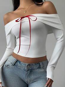 SHEIN EZwear Women's Autumn Bowknot Decor Off-Shoulder Long Sleeve Ruched Crop Fitted T-Shirt