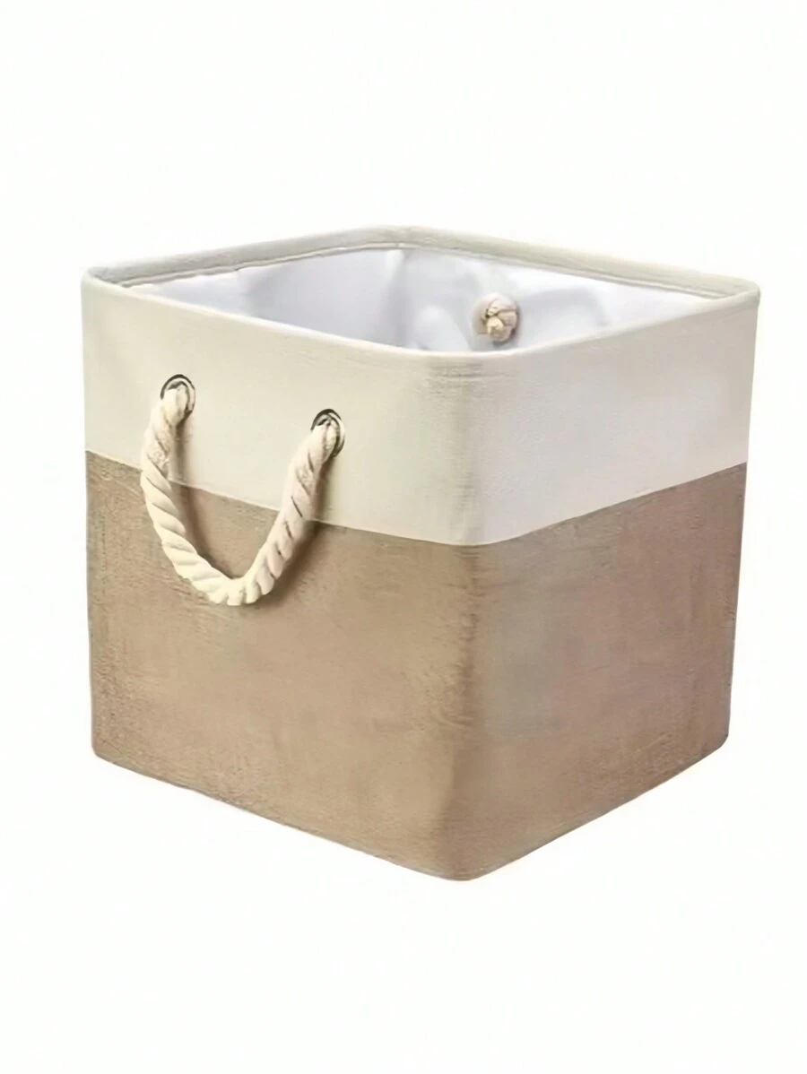 1PC Modern Simple Linen Patchwork Foldable Storage Box For Home Bedroom Living Room Toys Daily Necessities Laundry Square Folding Basket Large Capacity Handheld Organizer - Khaki - View 1