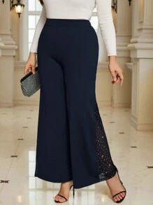 SHEIN Clasi Plus Size Fashionable Party Sequin Patchwork Flare Pants - Navy Blue - View 3