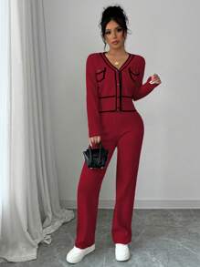 Elenzga 女士条纹长袖单排扣开衫毛衣和针织长裤两件套，休闲，秋冬 - 酒紅色 - 查看 4