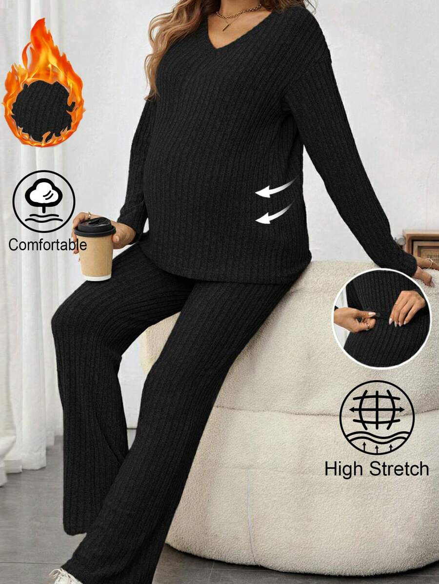SHEIN 2pcs/Set Maternity Casual Ribbed V-Neck Long Sleeve Top And Pants Set, Autumn - Black - View 1