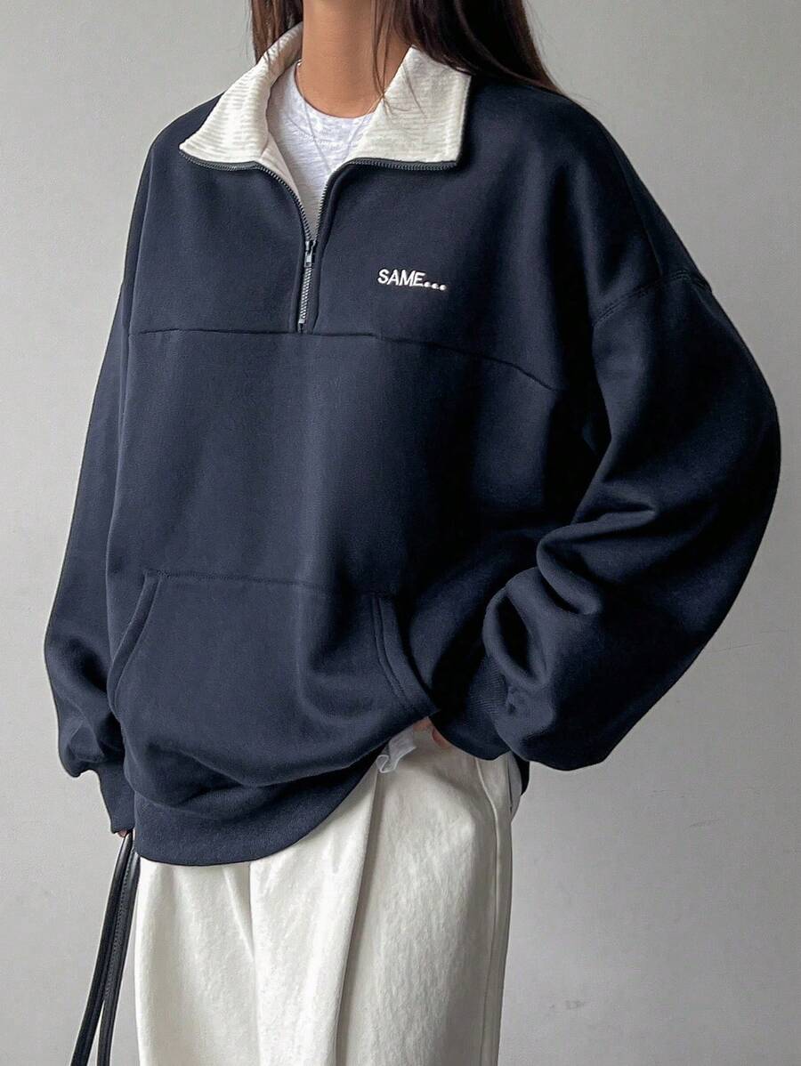 Dazy-Less Damen Kontrast-Farbblock Patchwork bestickter Buchstaben Sweatshirt, Langarm Oberteil, Herbstkleidung