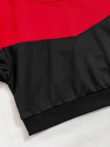 SHEIN 2pcs Tween Girls Hooded Color Block Ribbon Patchwork Sweatshirt And Leggings Set - Red - View 6