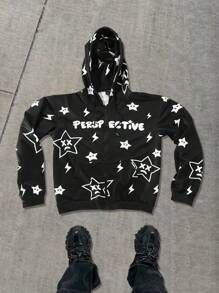 Manfinity EMRG Sudadera con capucha informal de hombre con estampado de estrella y cremallera, ropa de calle de otoño, sudadera con capucha gráfica de manga larga con cremallera en color negro, para regalos a amigos, esposo, novio