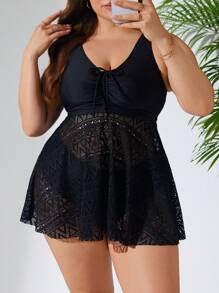 SHEIN Swim Curve 2pcs Plus Size Women Lace Up Hollow Out Lace Drawstring Elegant Plus Size Swimsuit Summer - Black - View 1