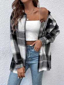 EMERY ROSE Plaid Flap Pocket Drop Shoulder Shirt - Black and White - View 1