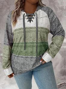 SHEIN LUNE Plus Size Women Raglan Sleeve Sweatshirt With Tie Closure, Fluffy For Autumn/Winter - Green - View 5