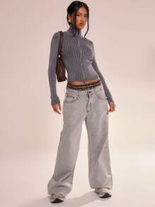 MUSERA Ribbed High Neck Zip Up Cardigan Spring Casual Y2k 90's Stripe Cute Airport Holiday Summer Vacation Fall Back To School Autumn Winter Everyday  Work Office  Chic Sweater Summer Spring - Dark Grey - View 4