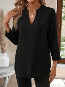 EMERY ROSE Women's V-Neck Plain Textured Fabric Casual Summer Shirt White V Neck Blouse Women  Blouses For Women Linen Blouses For Women Women White Blouse  Tops For Women FALL Women Clothes Business Casual Woman  Button Up Shirt Women Button Up Shirt - Black - View 5