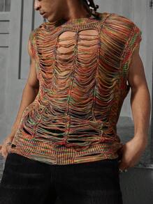 Manfinity EMRG Men's Crew Neck Sleeveless Ripped Knit Vest, Casual Everyday Wear, Men Rave Top, Men Crochet Top, Fishnet Top Men, Mesh Men Top, Knit Top Men
