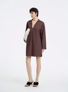 SHEIN Clasi 女士百搭简约优雅编织 100% 纯棉 V 领长袖宽松 A 字迷你连衣裙，适合秋冬季 - 中紫紅色 - 查看 6
