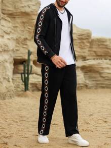 Manfinity Homme Men's Solid Color Splice Front Zipper Long Sleeve Casual Top & Pants Set - Black - View 7