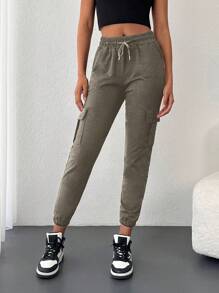 Cottnline Flap Pocket Side Drawstring Waist Joggers - Dark Grey - View 5