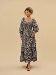 SHEIN VCAY Plus Size Square Neck Leopard Print Waist Fit Vacation Dress