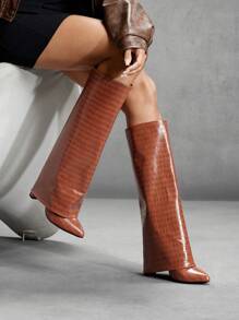 CUCCOO SZL 女士时尚棕色石纹粗跟尖头过膝靴，时尚派对、节日和圣诞节新年情人节 - 棕色 - 查看 3