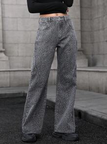 SHEIN Essnce Women's Slim Fit Leopard Print Straight Leg Jeans - Grey - View 7