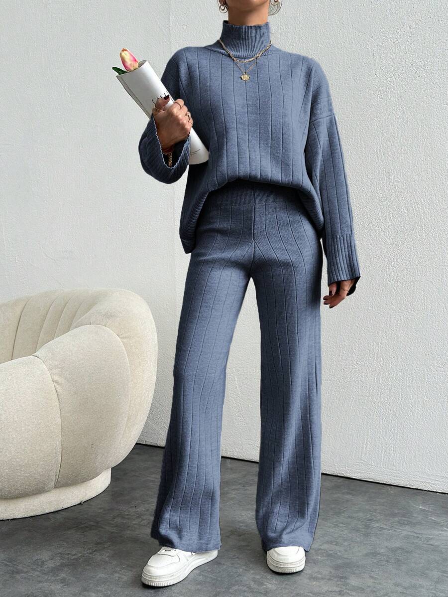 EURMUSE 2件組女款針織套裝,休閒毛衣上衣與長褲套裝,適合日常穿著 - 藍色 - 查看 1