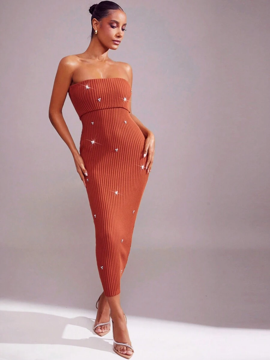Hauture Vestido Tubinho Elegante de Sweater com Strass para Mulheres - Chocolate - Visão 1