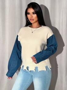 Zolique Pull col rond à manches longues, bicolore, casual, en tricot pour femmes, automne-hiver - Multicolore - Voir 6