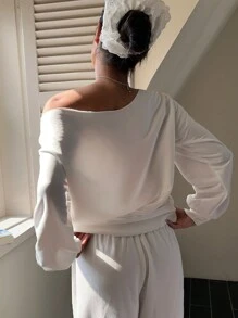 SHEIN EZwear 女士蕾丝蝴蝶结露肩宽松休闲长袖运动衫，秋冬，长袖上衣 - 白色 - 查看 2