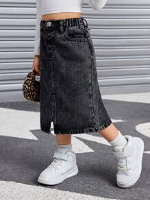 SHEIN Falda vaquera negra básica estilo Y2K para niñas jóvenes, conjunto cool/atuendo de Acción de Gracias para niñas, ropa de otoño e invierno para niñas