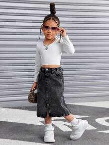 SHEIN Falda vaquera negra básica estilo Y2K para niñas jóvenes, conjunto cool/atuendo de Acción de Gracias para niñas, ropa de otoño e invierno para niñas