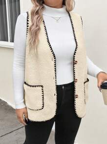 INAWLY Plus Size Color Block Trim Front Button Sleeveless Pocket Casual Jacket - Apricot - View 3