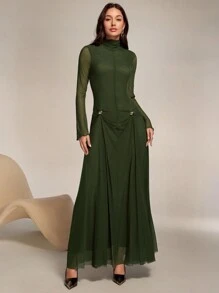 Modelyn Long Sleeve Ruffled Mesh Contrast Maxi Arabic Style Dress Long Evening Dresses - Army Green - View 5
