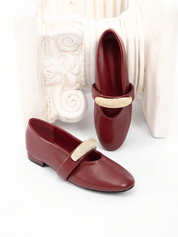 CUCCOO CHICEST Women's Shoes With Metallic Buckle Rhinestone Decor, Round Toe, Flat Heel, Faux Leather, Simple & Comfortable, Wine Red, Commute/Office Wear Mary Jane Flats