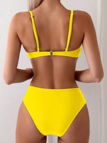 Swim Basics 女士纯色细肩带比基尼上衣和下装比基尼套装夏季 - 黃色 - 查看 3