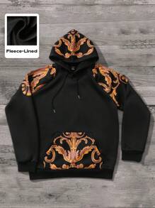 Manfinity Homme Men's Floral Print Long Sleeve Drawstring Hoodie Sweatshirt, Autumn Black Graphic Hoodie, For Friends, Husband, Boyfriend Gifts - Black - View 8