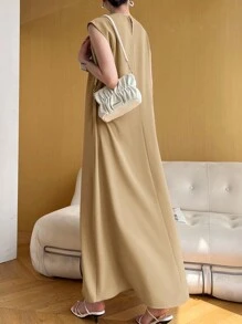 Heiryn Vestido casual suelto de unicolor y estilo árabe sin mangas, moda minimalista para uso diario de la mujer
