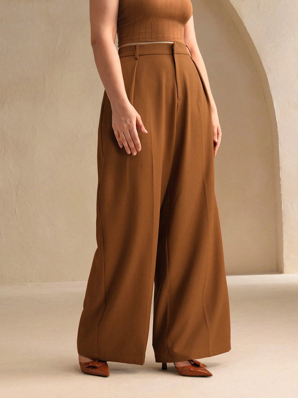Brown Plus Size Women Elegant Casual Wide Leg Dress Pants Fall