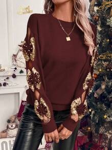 SHEIN Clasi Suéter de manga larga con lazo y diseño de lentejuelas, casual de Navidad, otoño/invierno