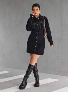 SHEIN PETITE Women's Autumn Splicing Fringe Long Sleeve Single-Breasted Casual Denim Dress - Black - View 4